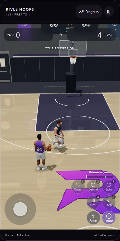 Actual Rivle Basketball gameplay with two players on a half-court and touch controls