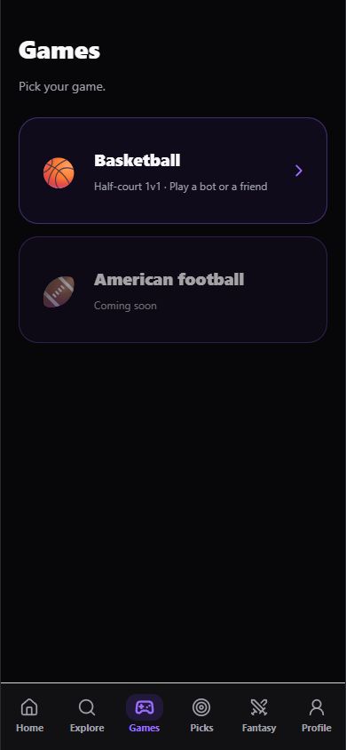 Rivle Games screen with Basketball, Play a bot or a friend, and American football marked Coming soon